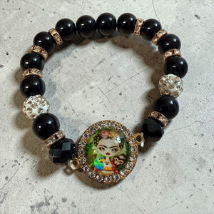 Frida Themed Stretch Bracelet Mexican Artist Boho Black Beads Rhinestone 7” New